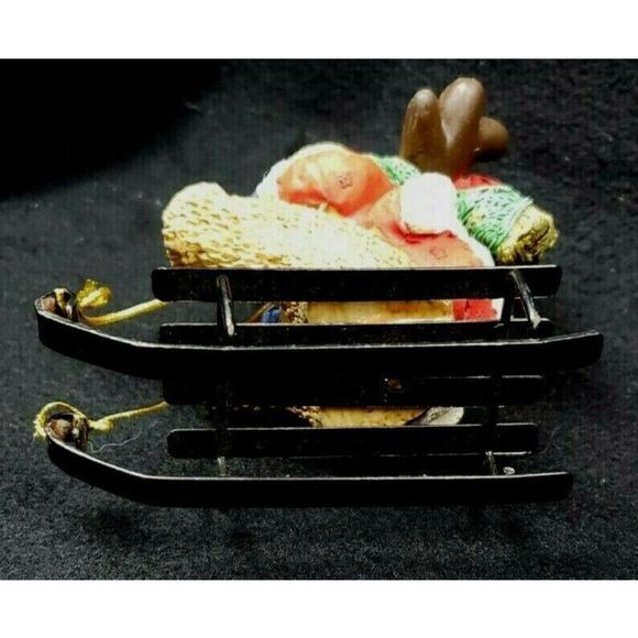 Funny Santa Reindeer Moose Sled 4" Figurine Christmas Decor Winter Coat Mittens - Picture 6 of 6